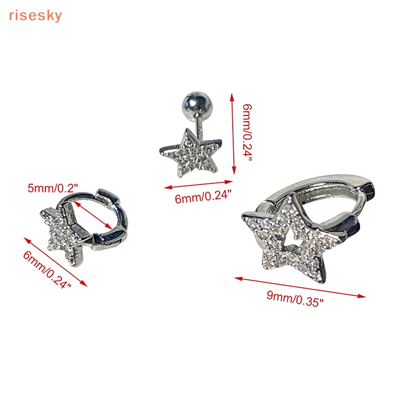 Set 3 Bông Tai Đính Đá zircon Hình Ngôi Sao Năm Cánh Phong Cách punk Cho Nữ