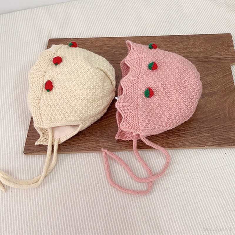 Mũ Dệt Kim cotton Co Giãn Họa Tiết Dâu Tây Ấm Áp Cho Bé