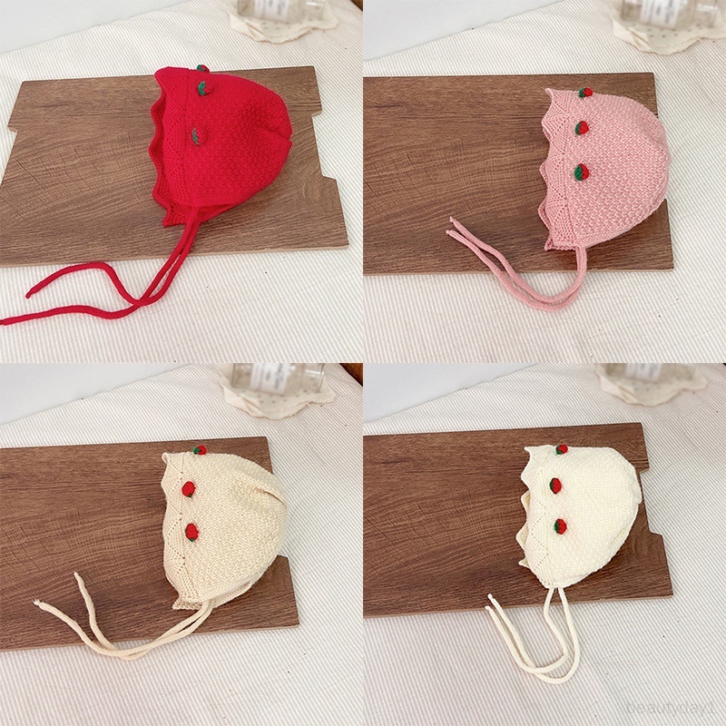 Mũ Dệt Kim cotton Co Giãn Họa Tiết Dâu Tây Ấm Áp Cho Bé