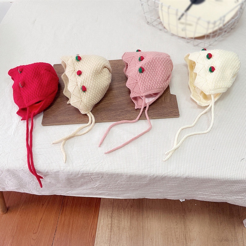 Mũ Dệt Kim cotton Co Giãn Họa Tiết Dâu Tây Ấm Áp Cho Bé