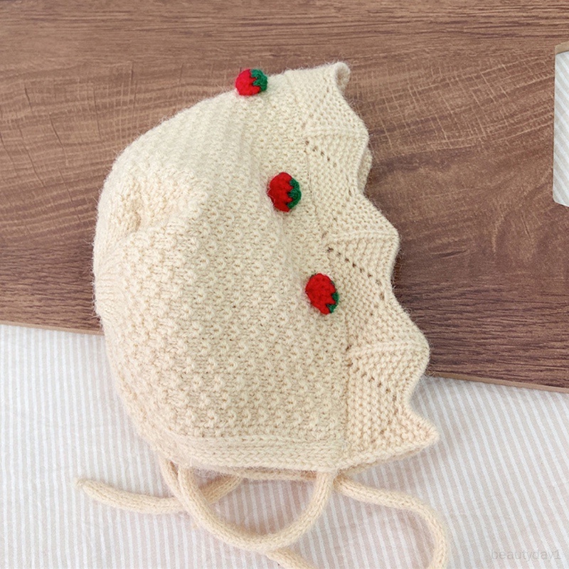 Mũ Dệt Kim cotton Co Giãn Họa Tiết Dâu Tây Ấm Áp Cho Bé