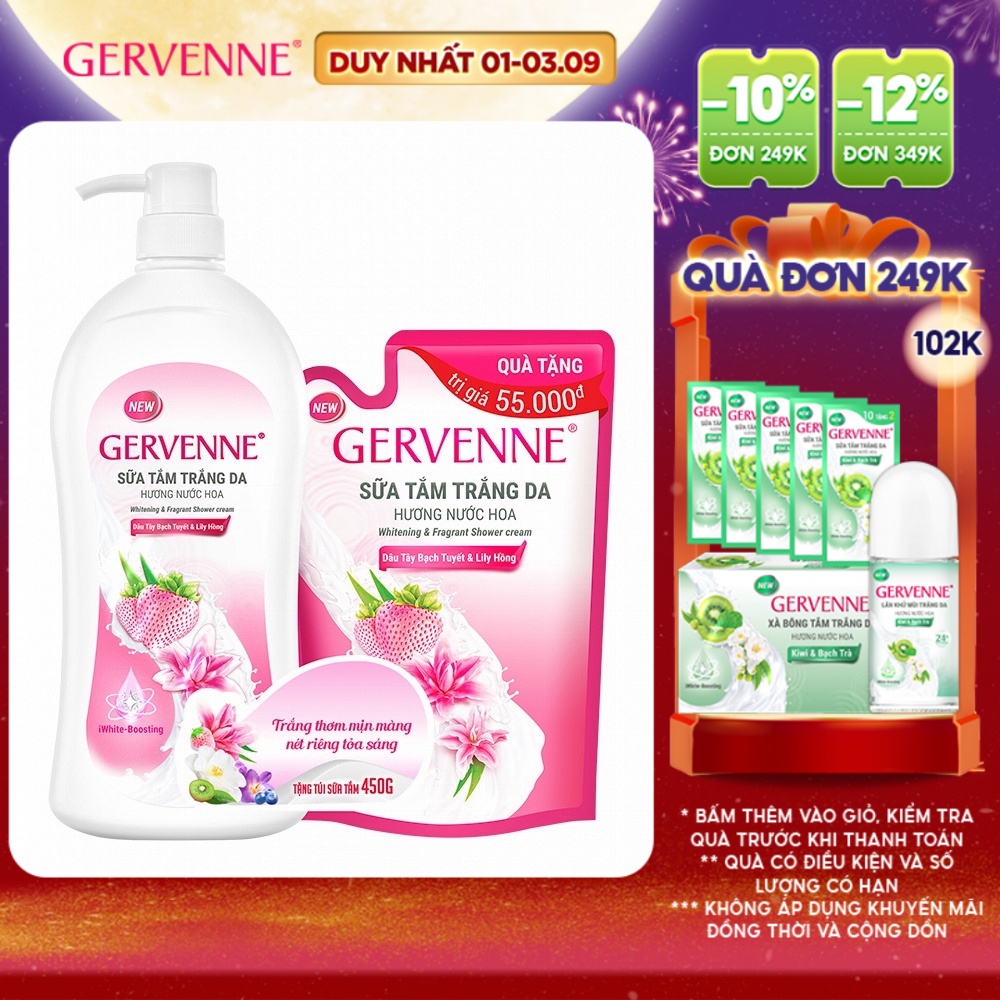 Sữa tắm trắng da Gervenne Dâu Tây Bạch Tuyết & Lily Hồng 1.2L + Túi sữa tắm 450gr