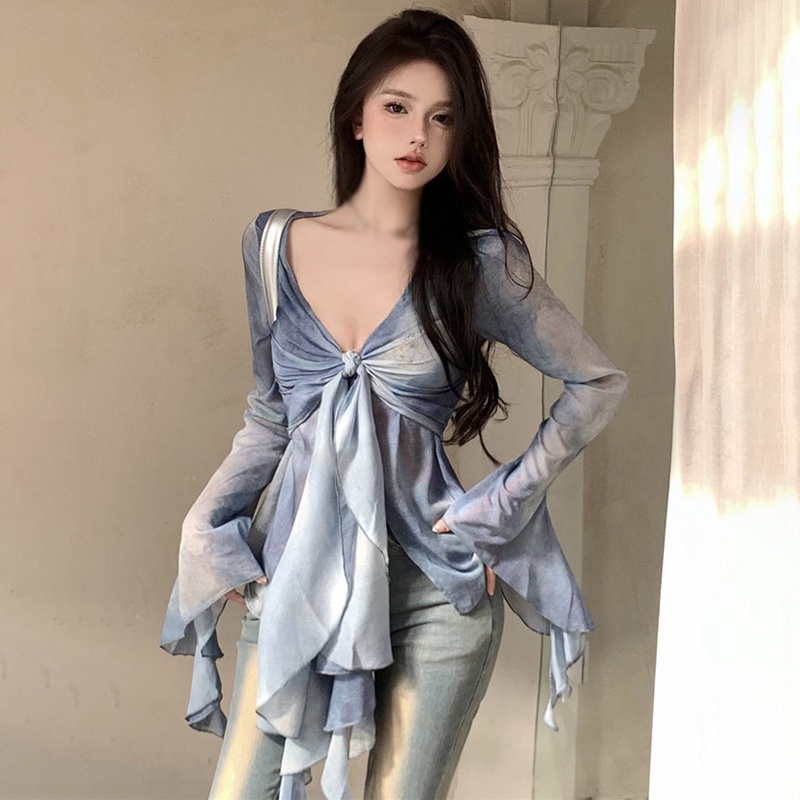 Áo Sơ Mi Chiffon Tay Dài Cổ Chữ V Thời Trang Mùa Hè Quyến Rũ Cho Nữ