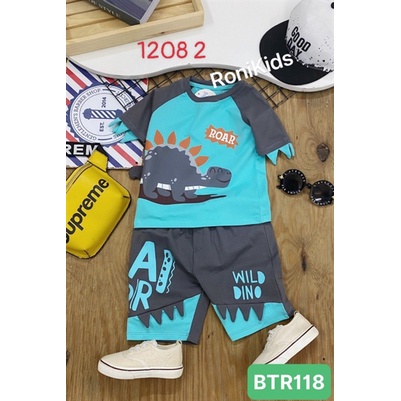 Ronikids. bộ bé trai khủng long Roar 2 màu xanh lam x xanh lá