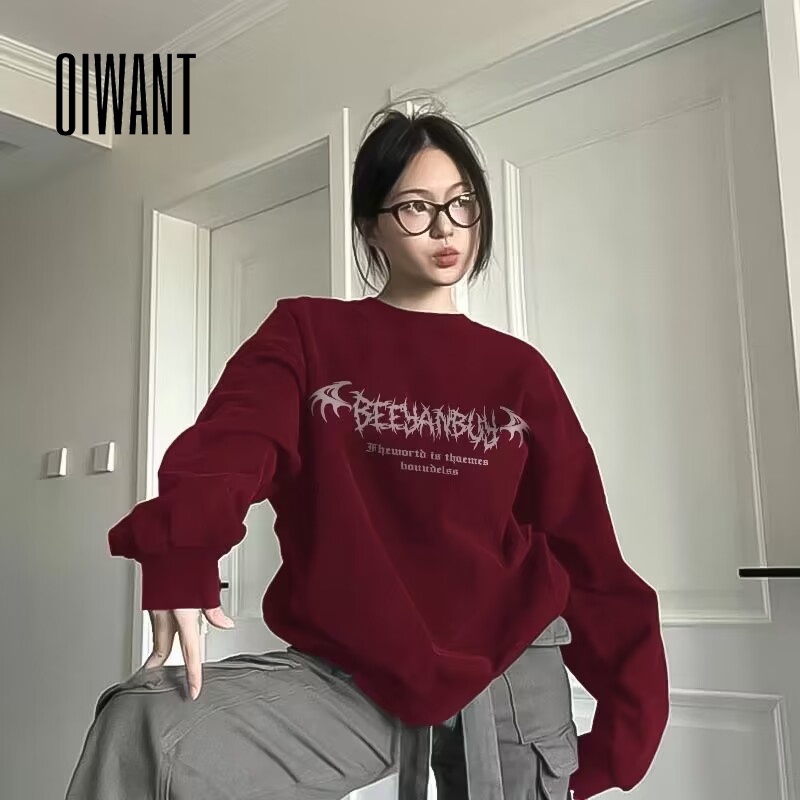 Oiwant Áo Sweatshirt Cổ Tròn Tay Dài Dáng Rộng Màu Trơn Họa Tiết Hoa Thời Trang 2023 Dành Cho Bạn Nữ