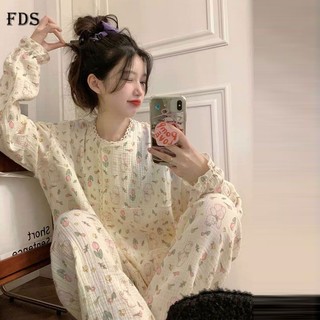 Bộ đồ ngủ FDS tay dài phối ren dáng rộng in họa tiết thỏ dễ thương phong cách Hàn Quốc thời trang xuân thu cho nữ