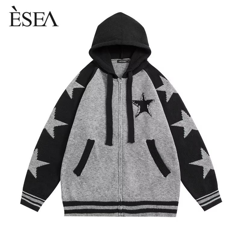 Esea Áo Khoác Hoodie Dệt Kim Tay Dài In Họa Tiết Ngôi Sao Màu Tương Phản retro harajuku Nhật Bản Thời Trang Cho Nam Và Nữ