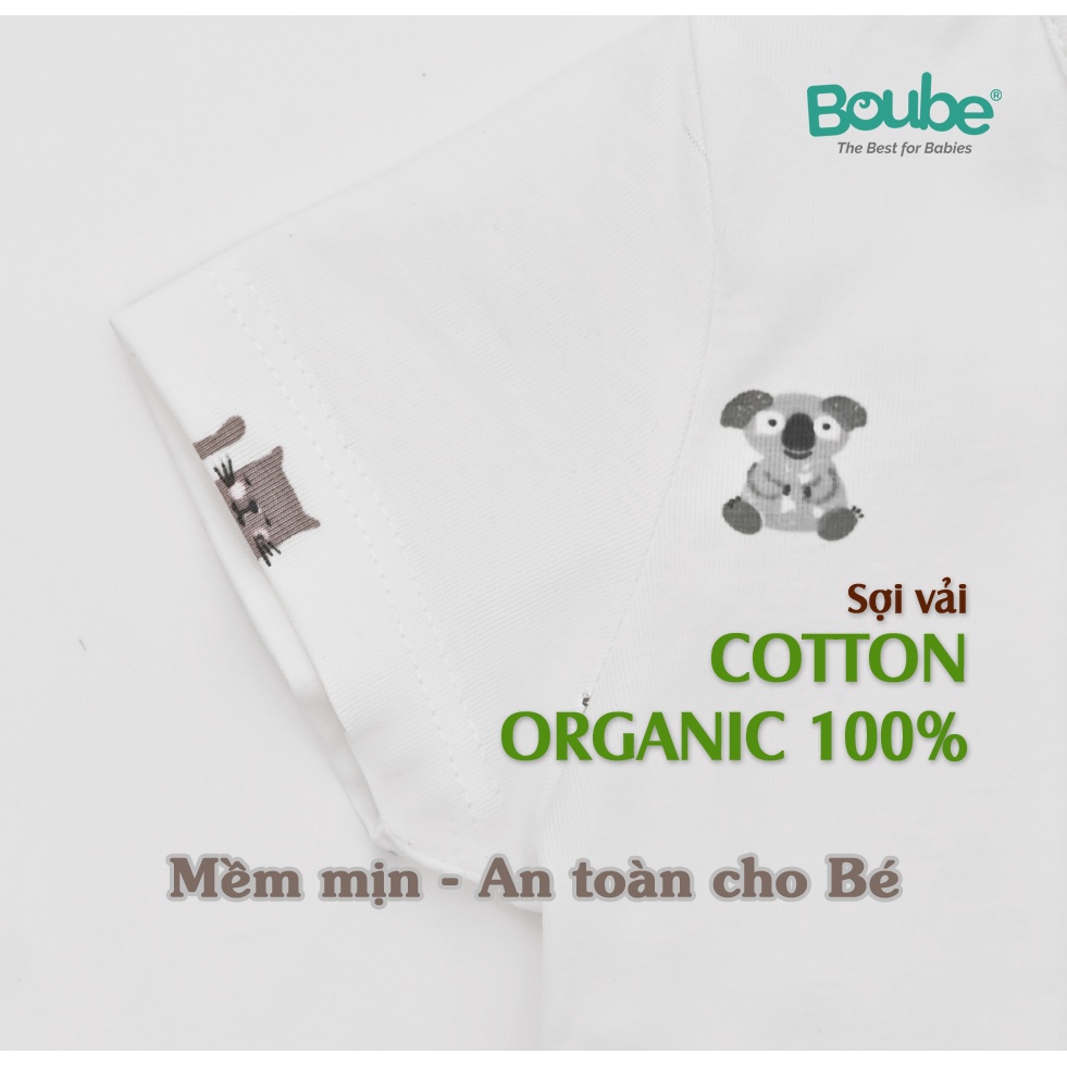 Bộ liền thân, bodysuit cộc tay cổ trụ họa tiết dễ thương cho bé sơ sinh Boube, vải Cotton organic thoáng mát- Size 0-12M