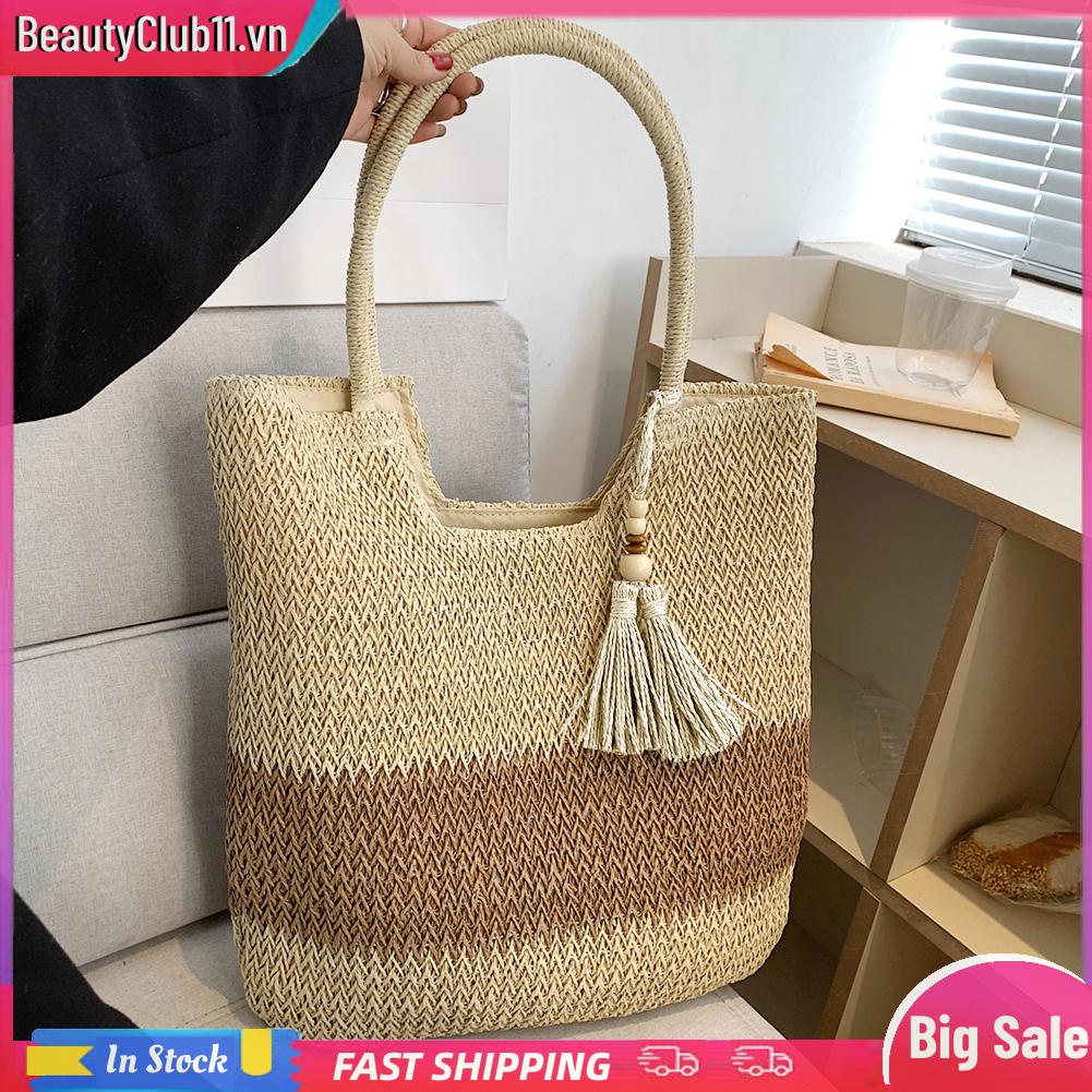 Túi Rơm Dệt Đeo Vai Mùa Hè Màu Tương Phản Có Tua Rua Cho Nữ