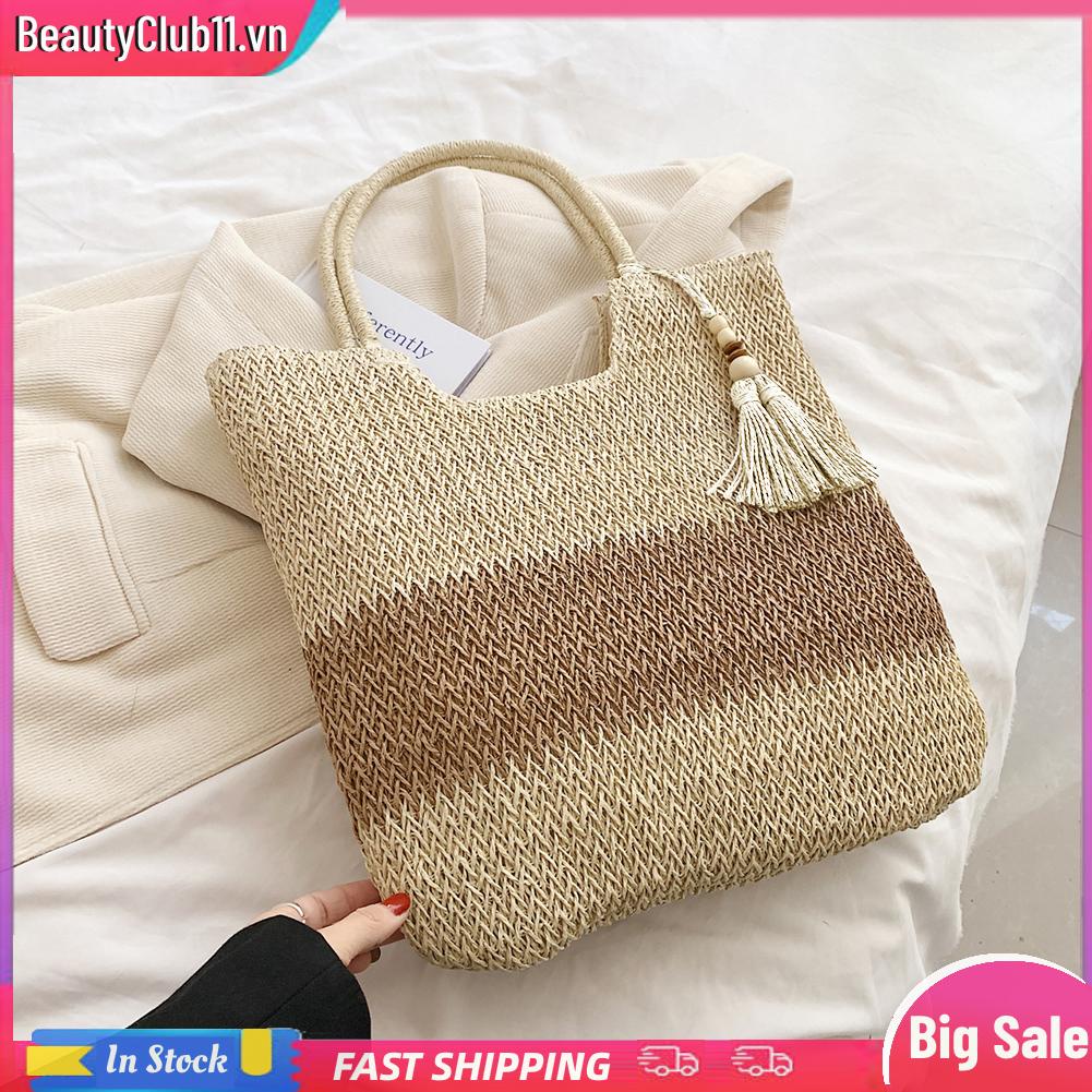 Túi Rơm Dệt Đeo Vai Mùa Hè Màu Tương Phản Có Tua Rua Cho Nữ