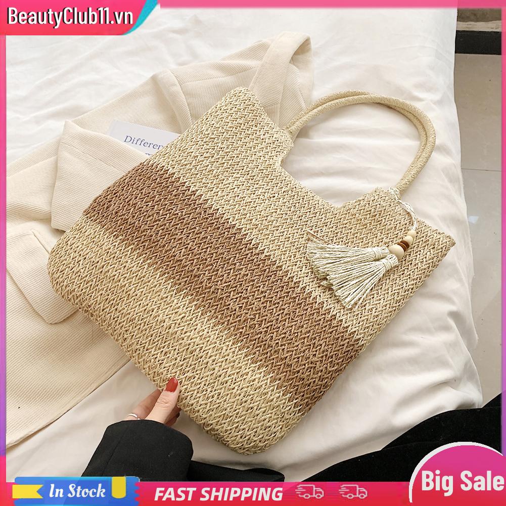 Túi Rơm Dệt Đeo Vai Mùa Hè Màu Tương Phản Có Tua Rua Cho Nữ