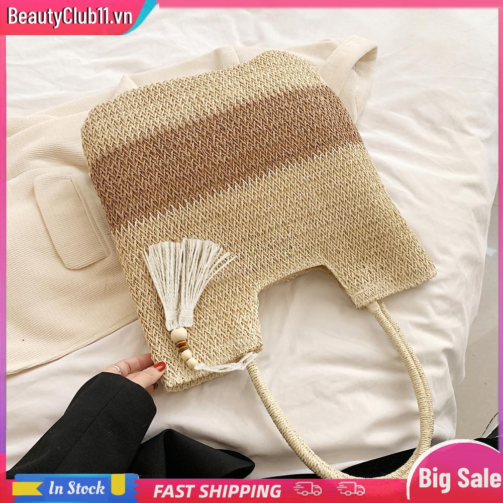 Túi Rơm Dệt Đeo Vai Mùa Hè Màu Tương Phản Có Tua Rua Cho Nữ