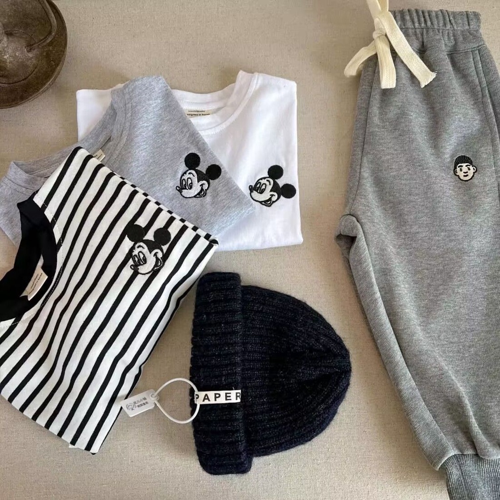 Áo Thun cotton Tay Dài Kẻ Sọc Thêu Họa Tiết Hoạt Hình Thời Trang Xuân Thu 2023 Cho Bé