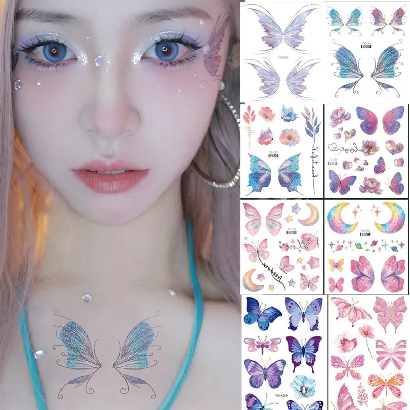 Hình Xăm Dán Tạm Thời Họa Tiết Cánh Bướm 3d Lấp Lánh Chống Thấm Nước Trang Trí Mặt / Mắt / Cơ Thể Cho Nữ