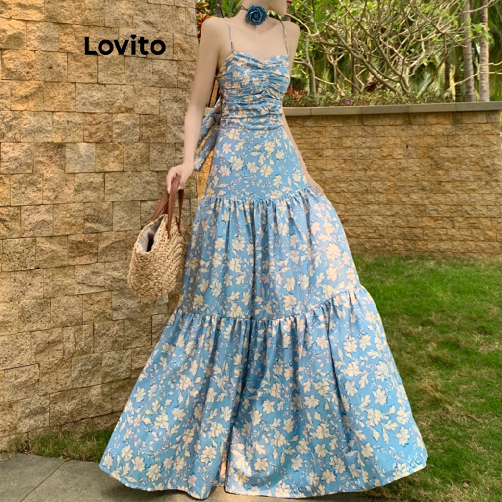 Đầm hai dây Lovito cổ tim xếp tầng xếp nếp cột dây lưng họa tiết hoa nhí thường ngày cho nữ LNE16008 (xanh dương)