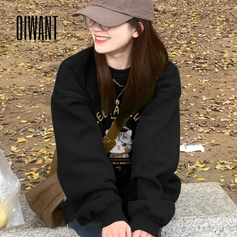 Oiwant Áo Sweater Cổ Tròn Tay Dài Dáng Rộng Màu Trơn Họa Tiết Mèo Hoạt Hình Thời Trang 2023 Dành Cho Bạn Nữ