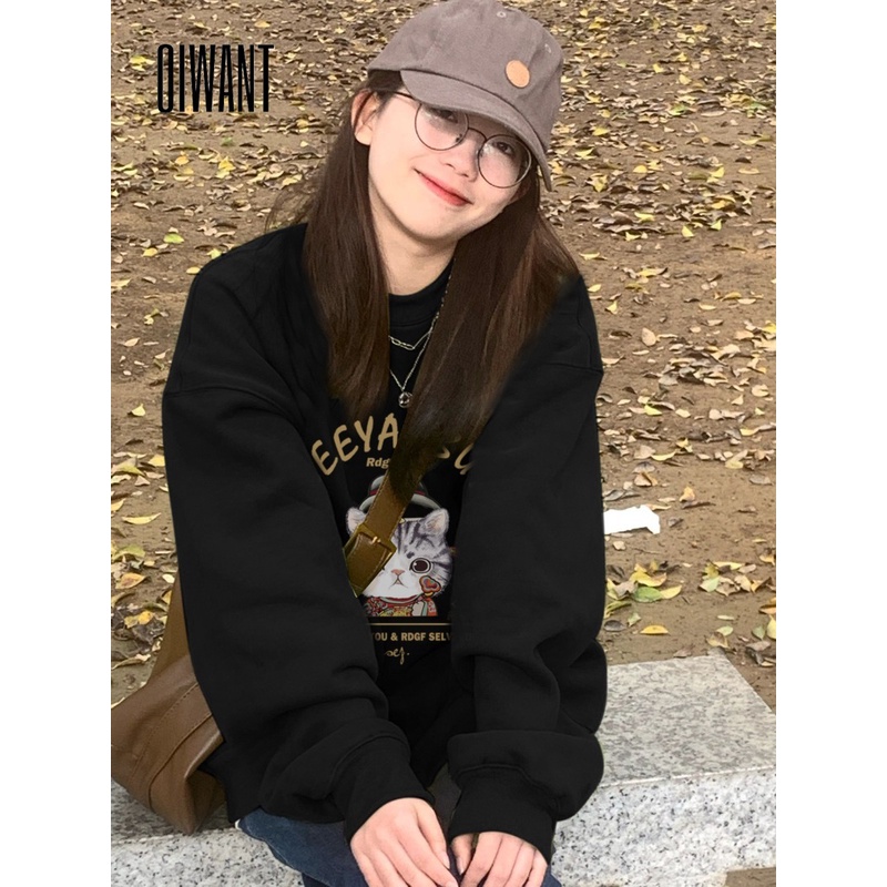 Oiwant Áo Sweater Cổ Tròn Tay Dài Dáng Rộng Màu Trơn Họa Tiết Mèo Hoạt Hình Thời Trang 2023 Dành Cho Bạn Nữ