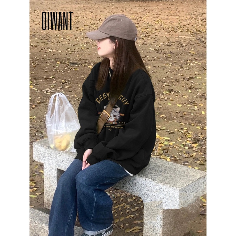 Oiwant Áo Sweater Cổ Tròn Tay Dài Dáng Rộng Màu Trơn Họa Tiết Mèo Hoạt Hình Thời Trang 2023 Dành Cho Bạn Nữ