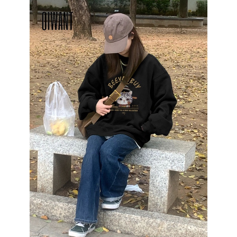 Oiwant Áo Sweater Cổ Tròn Tay Dài Dáng Rộng Màu Trơn Họa Tiết Mèo Hoạt Hình Thời Trang 2023 Dành Cho Bạn Nữ