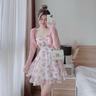 [New Sales 2024] Đầm Nữ Hai Dây Chất Voan Họa Tiết Hoa Đính Cườm Kèm Áo Khoác Croptop Siêu Ngọt Ngào