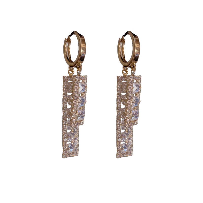 Khuyên Tai Hình Chữ Nhật Đính Đá zircon Phối Tua Rua Sang Trọng