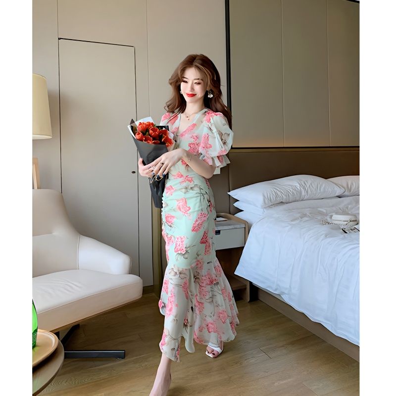 Thời Trang Đầm Voan Hoa Thiết Kế Bất Đối Xứng Xinh Xắn Cho Nữ