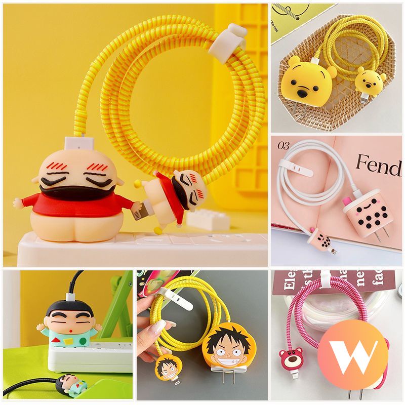 Bộ Phụ Kiện Bảo Vệ Dây Cáp Sạc 4 Trong 1 Hình Hoạt Hình one piece shin-chan winnie the pooh Cho iphone / ipad 18w / 20w