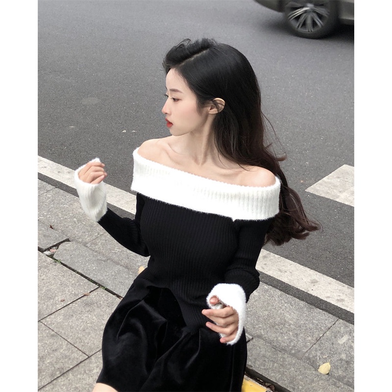 Áo sweater Dệt Kim Trễ Vai Xẻ Tà Thời Trang Xuân Hè Phong Cách Mới Cho Nữ u05u