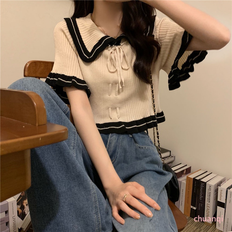 Áo Thun Ngắn Tay Cổ Búp Bê Đính Nơ Thời Trang Nữ Tính