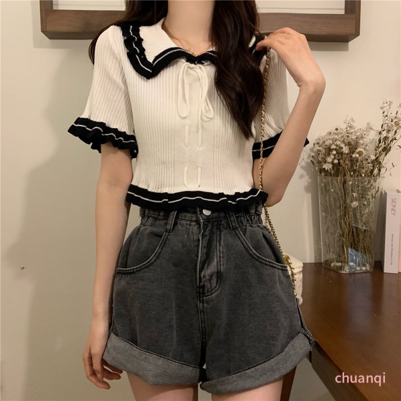 Áo Thun Ngắn Tay Cổ Búp Bê Đính Nơ Thời Trang Nữ Tính