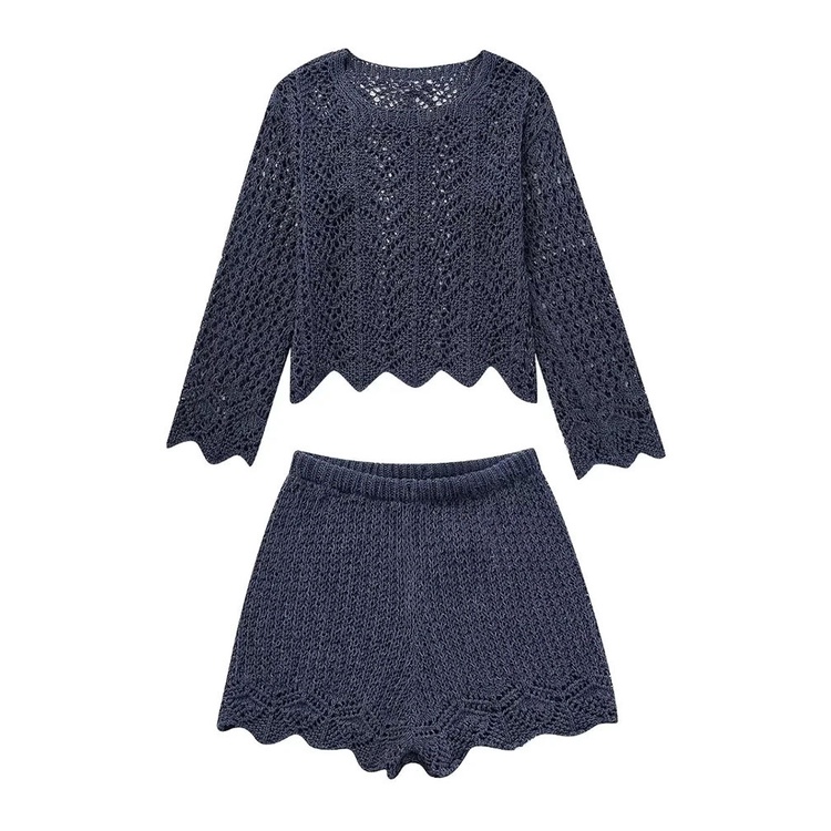 Uibey Bộ Áo Dệt Kim Dài Tay Cổ Tròn + Quần Short Lưng Cao Thời Trang 3889