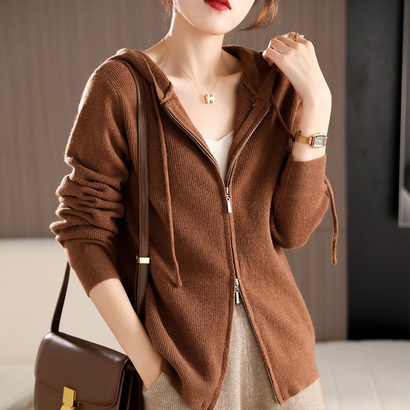 Áo Khoác cardigan Dệt Kim Có Mũ Trùm Màu Sắc Đơn Giản Dễ Phối Đồ