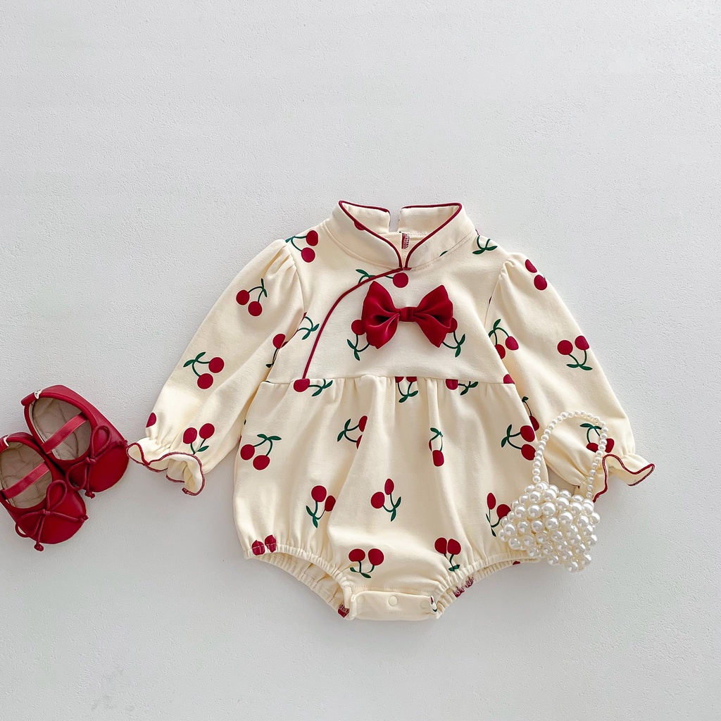 Áo Liền Quần Công Chúa In Họa Tiết cherry Thời Trang Mùa Thu Cho Bé Gái Sơ Sinh Một Tháng Tuổi