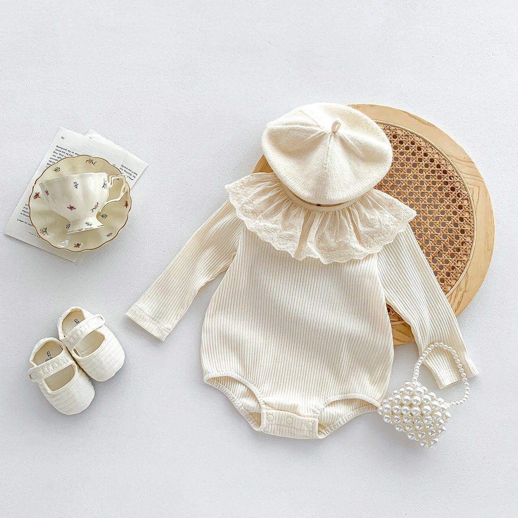 Bộ Áo Liền Quần Tam Giác Tay Dài Vải cotton Phối Ren Xinh Xắn Cho Bé Gái