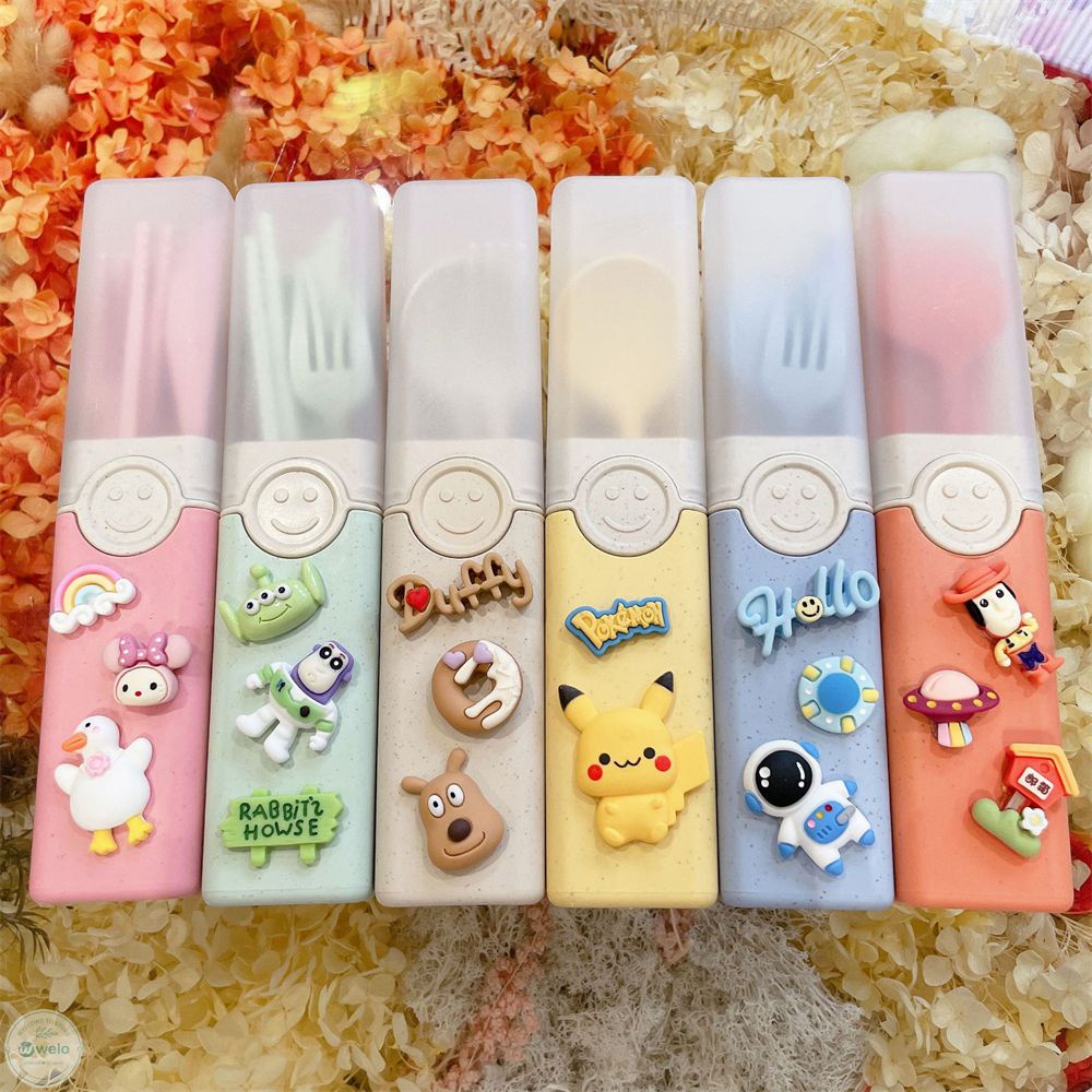 Bộ dao kéo hoạt hình Bộ thìa nĩa Đũa có ống hút lúa mì Hộp lưu trữ Du lịch di động Bữa trưa Bộ đồ ăn Bộ đồ ăn Phụ kiện nhà bếp CHÚNG TÔI