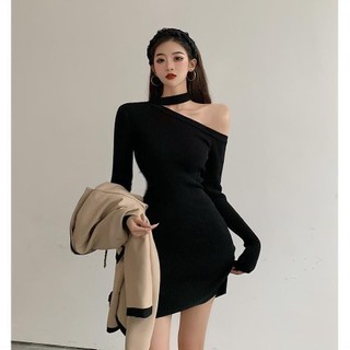 Đầm Nữ Tay Dài Hở Vai Ôm Dáng Phong Cách Thu Đông Mới