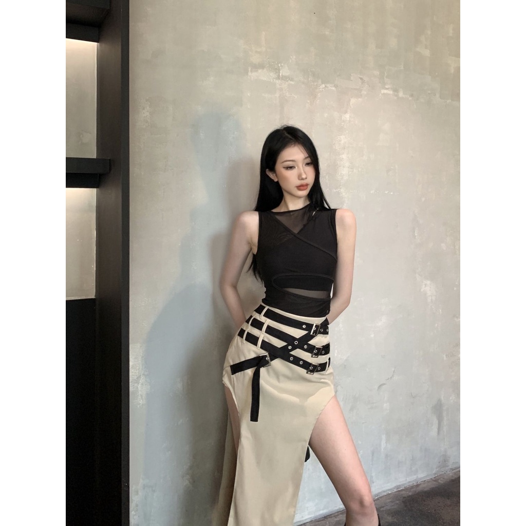 Set Áo Lưới Một Mảnh + Chân Váy Xẻ Tà Lưng Thấp Ngọt Ngào Cho Nữ