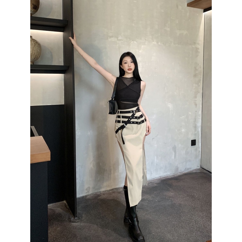 Set Áo Lưới Một Mảnh + Chân Váy Xẻ Tà Lưng Thấp Ngọt Ngào Cho Nữ