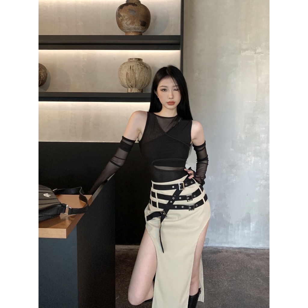 Set Áo Lưới Một Mảnh + Chân Váy Xẻ Tà Lưng Thấp Ngọt Ngào Cho Nữ