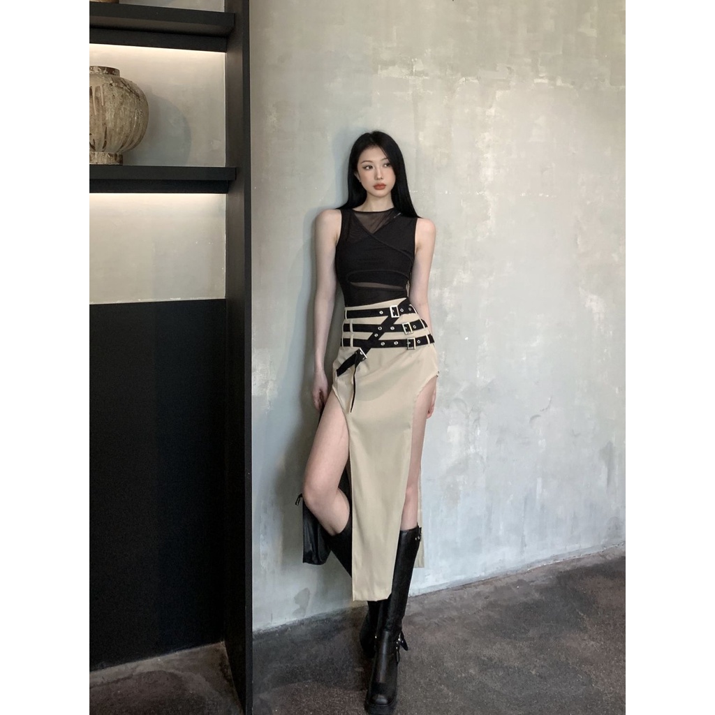 Set Áo Lưới Một Mảnh + Chân Váy Xẻ Tà Lưng Thấp Ngọt Ngào Cho Nữ