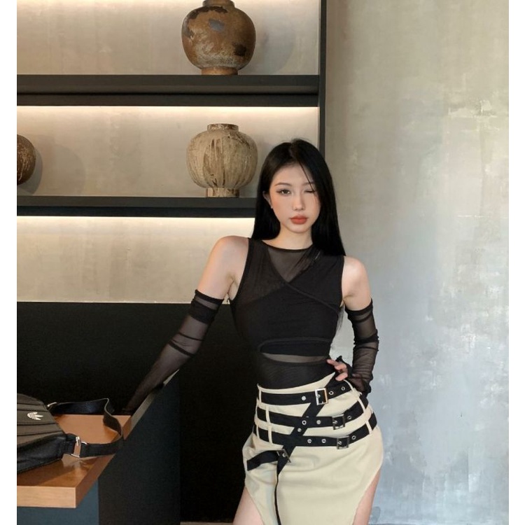 Set Áo Lưới Một Mảnh + Chân Váy Xẻ Tà Lưng Thấp Ngọt Ngào Cho Nữ