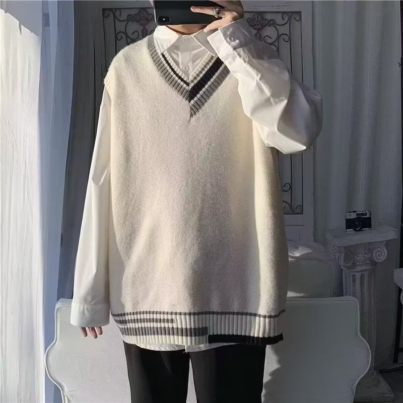 Áo sweater Dệt Kim Không Tay Cổ Chữ v Dáng Rộng Thời Trang Cho Nam