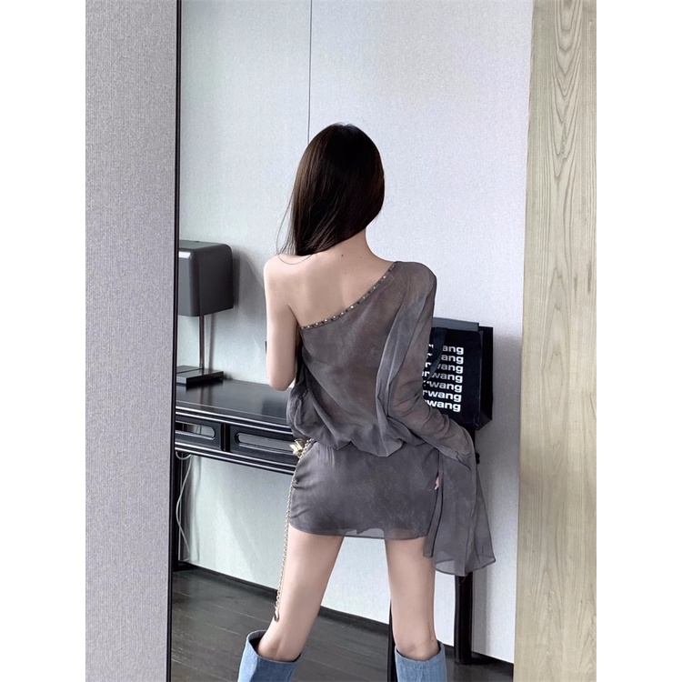 Đầm chiffon Ngắn Tay Dài Hở Vai In Họa Tiết Nhẹ Nhàng Cao Cấp Dành Cho Nữ