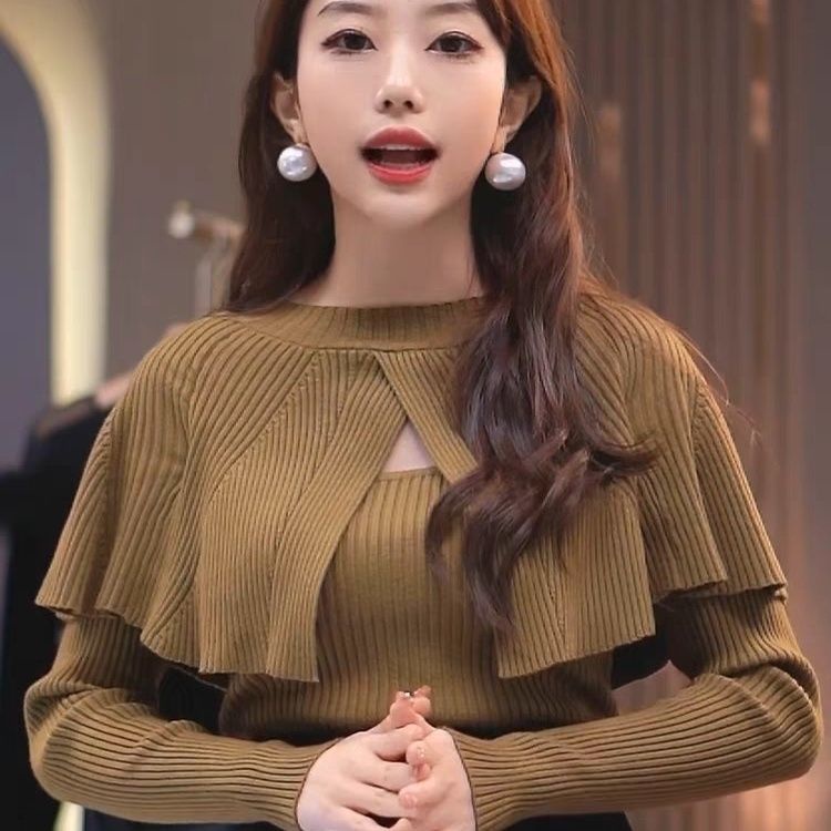 Áo Thun Dệt Kim Tay Dài Nhún Bèo Thời Trang Thu Đông Xinh Xắn Cho Nữ