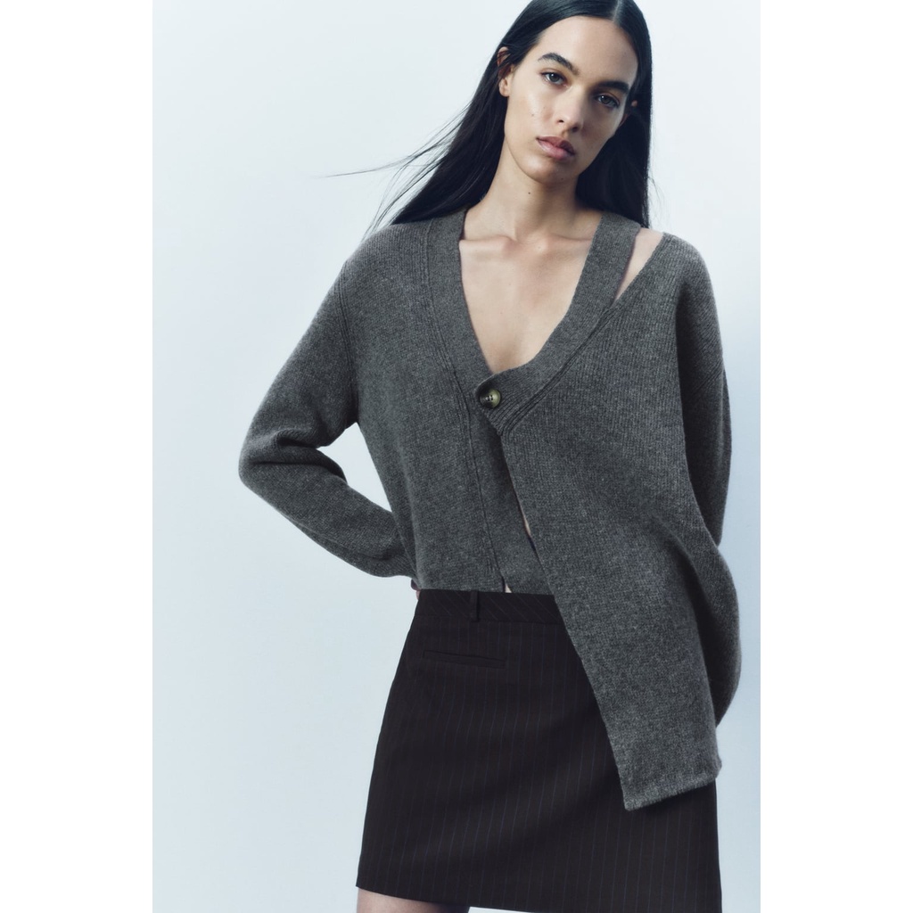 Zara Áo Khoác cardigan Dệt Kim Màu Xám Thời Trang Mùa Thu3859103