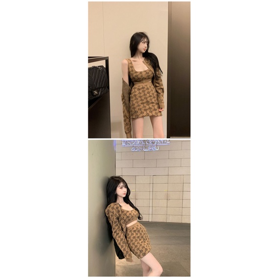 Set Áo Len Không Tay In Họa Tiết Và Chân Váy Lưng Cao Thời Trang Dành Cho Nữ