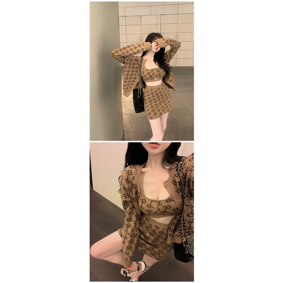 Set Áo Len Không Tay In Họa Tiết Và Chân Váy Lưng Cao Thời Trang Dành Cho Nữ