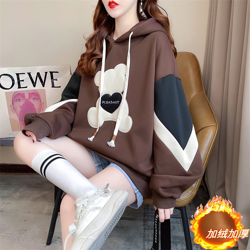 Áo hoodie có mũ trùm đầu hình gấu dành cho nữ mùa thu đông dày dặn ấm áp