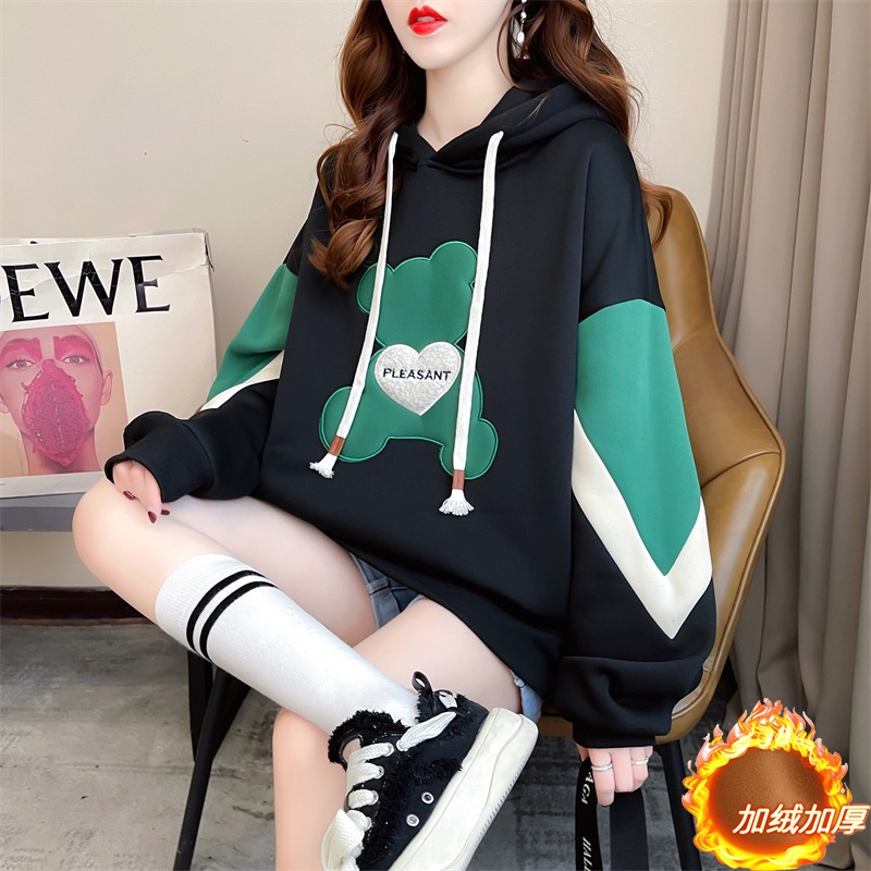 Áo hoodie có mũ trùm đầu hình gấu dành cho nữ mùa thu đông dày dặn ấm áp