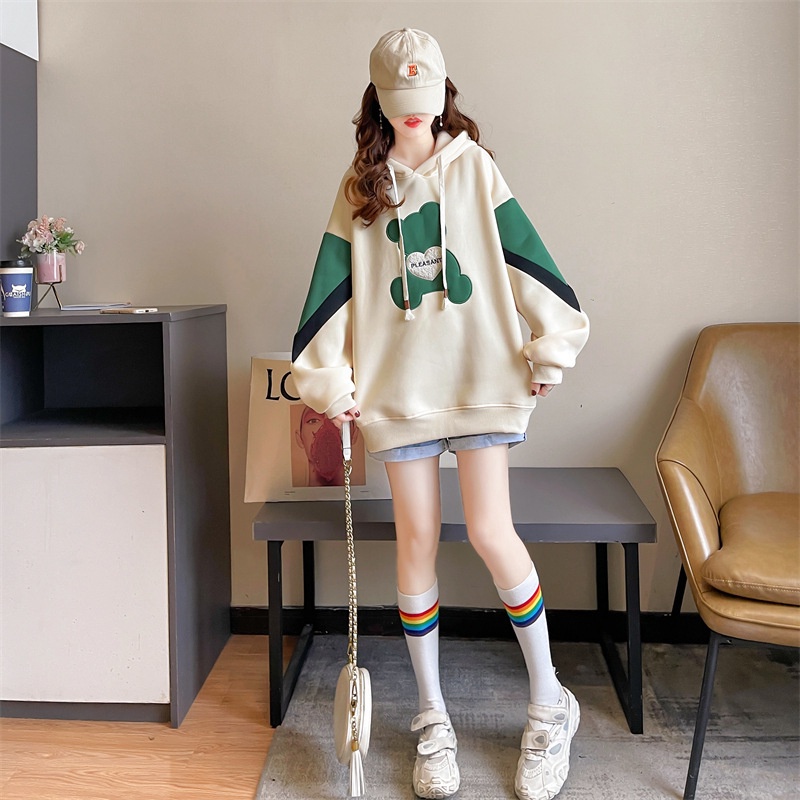 Áo hoodie có mũ trùm đầu hình gấu dành cho nữ mùa thu đông dày dặn ấm áp